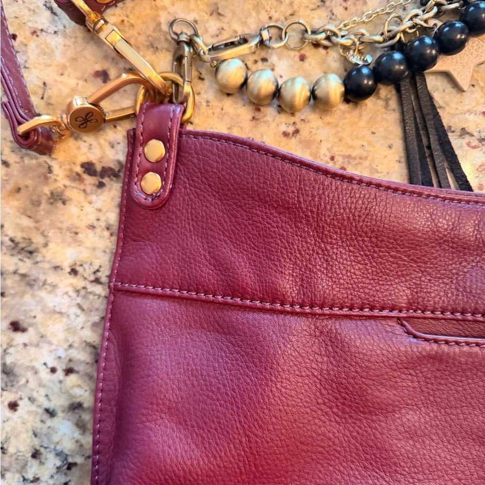 HOBO Burgundy Leather Shoulder Bag with Black Tassel and Gold Hardware - Picture 6 of 9